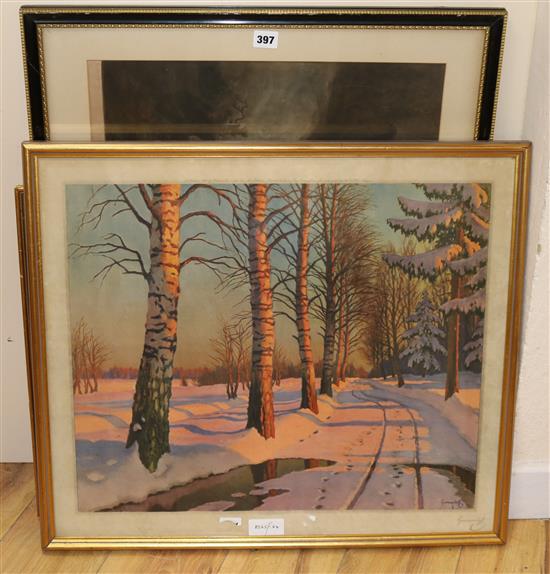Guermacheff, Frost and Reed colour print, Landscape in winter, signed in pencil 54 x 63cm